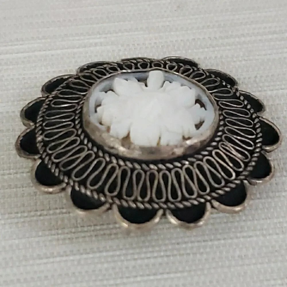 Vintage 935 Silver Jerusalem Carved Mother Of Pearl Flower Brooch Pin Pendant
